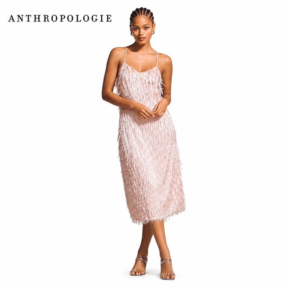 Anthropologie En Saison Pink Fringe Midi Dress